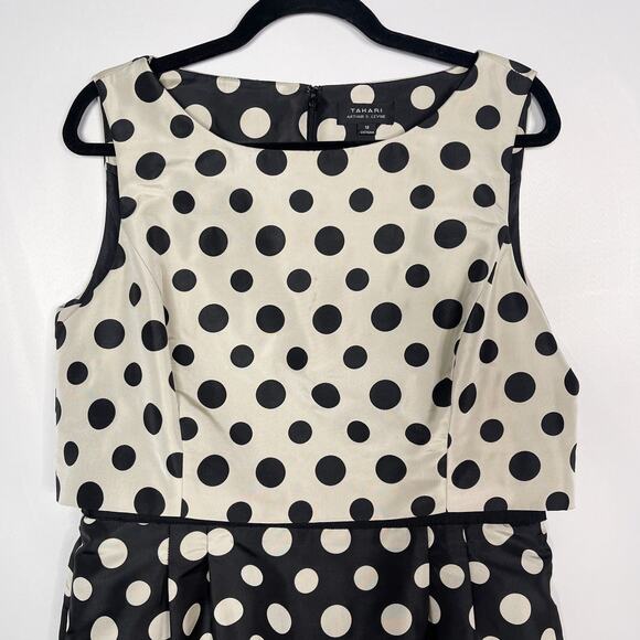 Tahari Size 12 Cream Black Polka Dot Contrast Sheath Dress Pockets Sleeveless - Picture 3 of 12